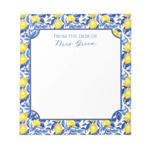 Blaue Aquarell-Limonen-Muster-Monogramm-Name Notizblock