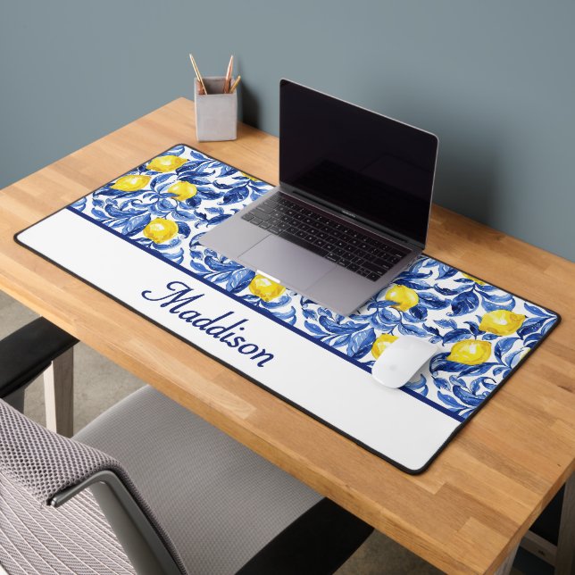Blaue Aquarell-Limonen-Muster-Monogramm-Name Schreibtischunterlage (Büro 2)