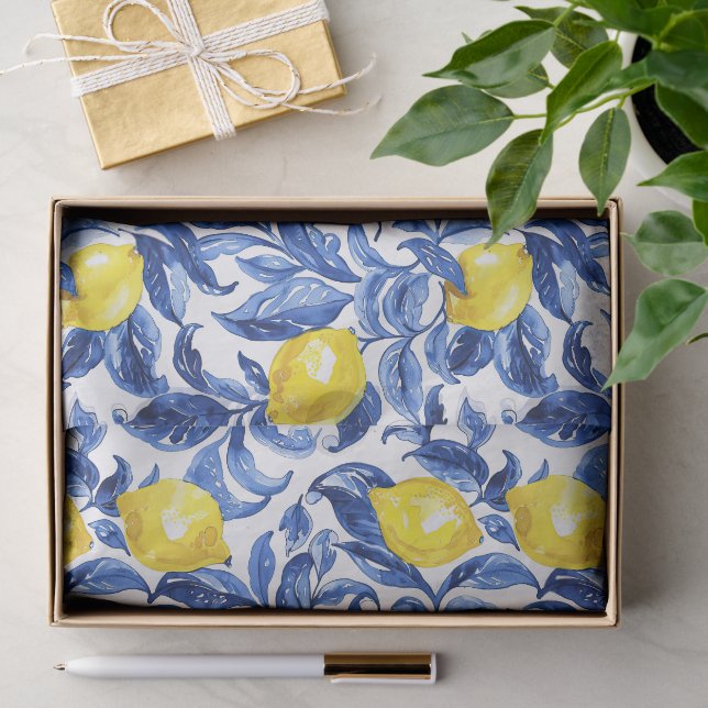 Blaue Aquarell-Limonen-Muster  Seidenpapier (Geschenk)
