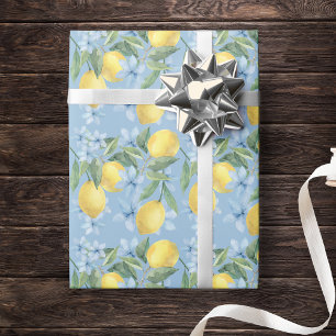 Blaue Aquarell-Limonen und Blumen Geschenkpapier