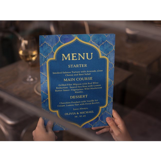 Blaue Aquarell-Marokkanische Hochzeitsmenü Menükarte (Von Creator hochgeladen)