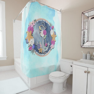 Blaue Aquarell moderne nautische Blumen Anker Duschvorhang