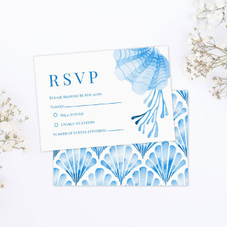 Blaue Aquarell-Muschel und Koralle RSVP Karte