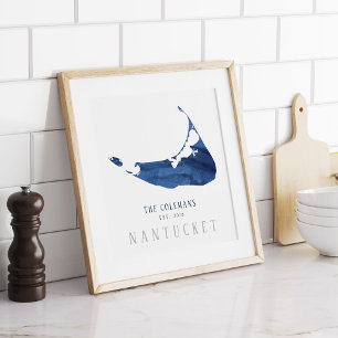 Blaue Aquarell Nantucket Karte Familie Etabliert Poster
