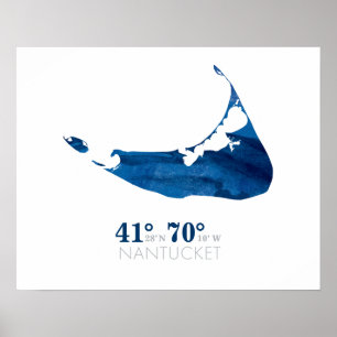 Blaue Aquarell Nantucket Karte mit Koordinaten Poster