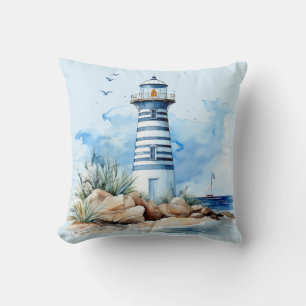 Blaue Aquarell-nautische Leuchtturm-Wurfkissen Kissen