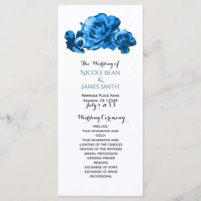 Blaue Aquarell-Rosen Elegantes Hochzeitsprogramm Programm (Vorderseite)