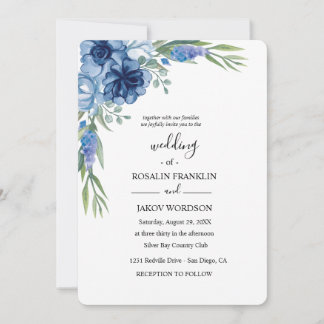 blaue Aquarell-Rustical-Hochzeit Einladung