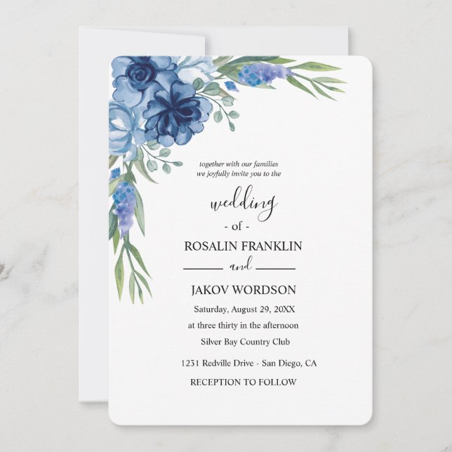 blaue Aquarell-Rustical-Hochzeit Einladung (Vorderseite)