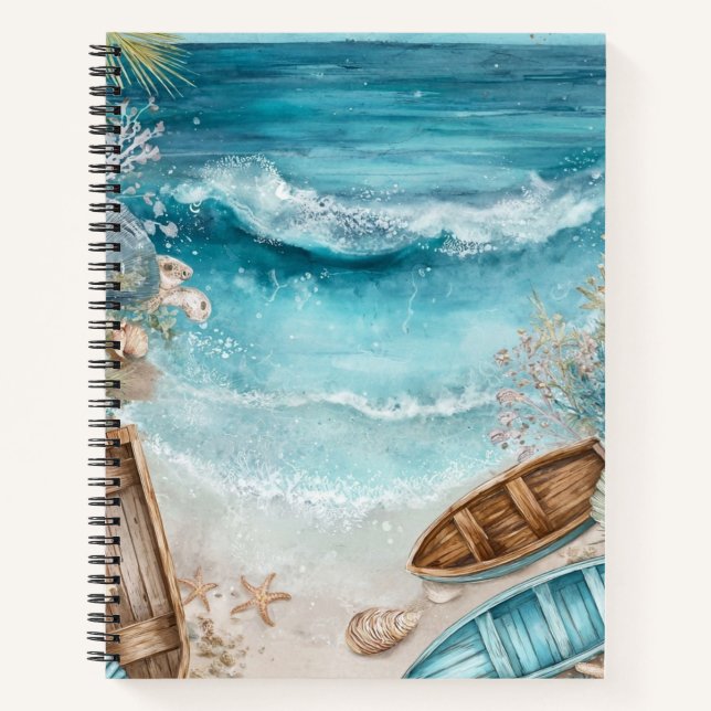 BLAUE AQUARELL-SOMMERSTRANDSZENE MIT BOOTEN NOTIZBUCH (Vorderseite)