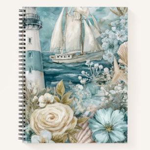 BLAUE AQUARELL-STRANDSZENE SEGLBOOT LEUCHTTURM NOTIZBUCH