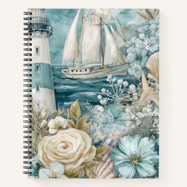 BLAUE AQUARELL-STRANDSZENE SEGLBOOT LEUCHTTURM  NOTIZBUCH (Vorderseite)