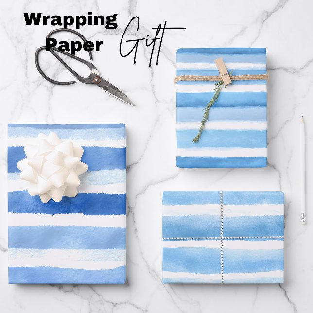 Blaue Aquarell-Streifen-Verpackung Geschenkpapier Set (Blue Watercolor Stripe Wrapping Paper Sheets)