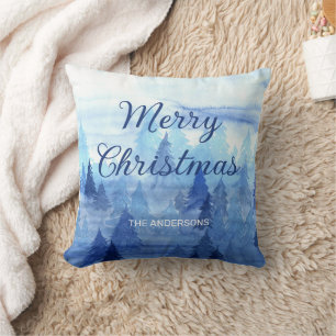 Blaue Aquarell-Tannen Winter Frohe Weihnachten Kissen