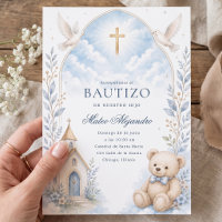Blaue Aquarell-Teddybär-Taufeinladung für Jungen