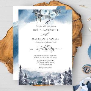 Blaue Aquarell- und Blaue Berge-Hochzeit Einladung