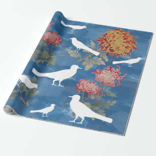 Blaue Aquarell-Vintage-Blumen & Vögel Geschenkpapier
