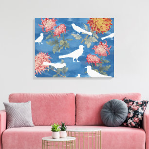 Blaue Aquarell-Vintage-Blumen & Vögel Leinwanddruck