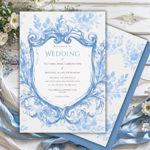 Blaue Aquarell-Vintage-Hochzeit Einladung
