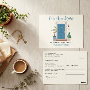 Blaue Aquarell-Vordertür Wir sind umgezogen Postka Postkarte