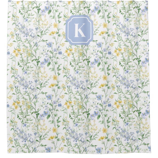 Blaue Aquarell-Wildblume-Individualinitiale Duschvorhang (Vorderseite)
