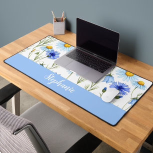 Blaue Aquarell-Wildblume personalisiert Schreibtischunterlage
