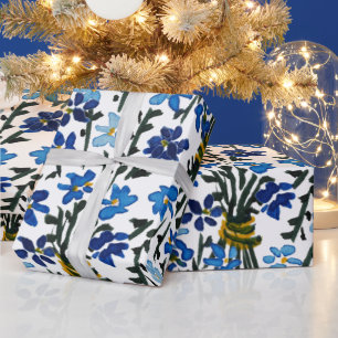 Blaue Aquarell-Wildblumen auf Weißem Hintergrund M Geschenkpapier