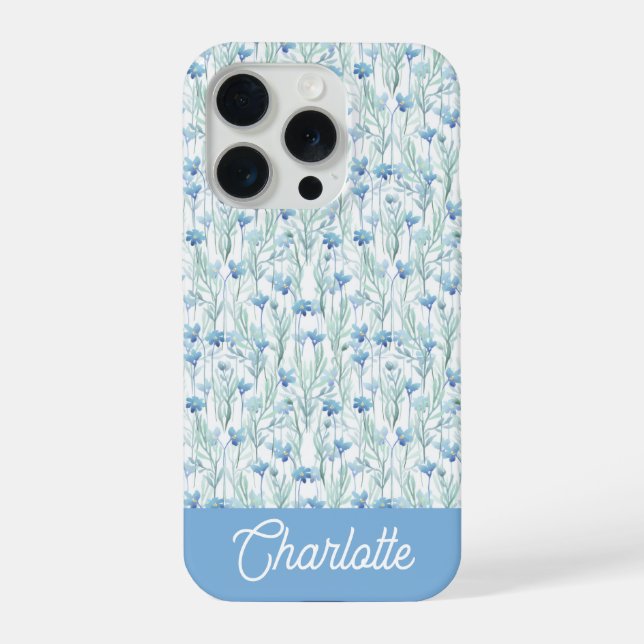 Blaue Aquarell-Wildblumen benutzerdefinierter Name iPhone Hülle (Rückseite)