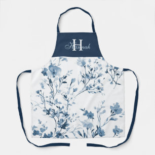 Blaue Aquarell-Wildblumen elegante Namensmonogramm Schürze
