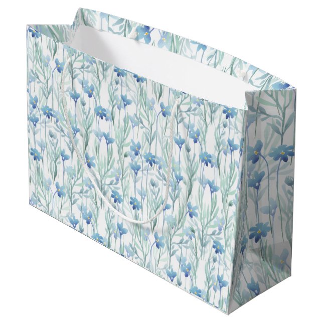 Blaue Aquarell-Wildblumen Große Geschenktüte (Rückseite Schrägansicht)