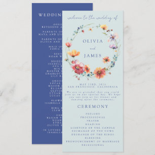 Blaue Aquarell-Wildblumen-Kranz-Hochzeit Programm