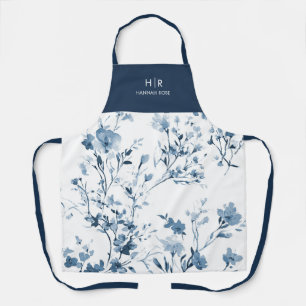 Blaue Aquarell-Wildblumen-Moderne Namensmonogramm Schürze