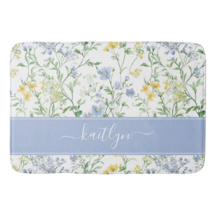 Blaue Aquarell-Wildblumen-Monogramm Badematte