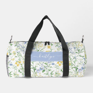 Blaue Aquarell-Wildblumen-Monogramm Duffle Bag