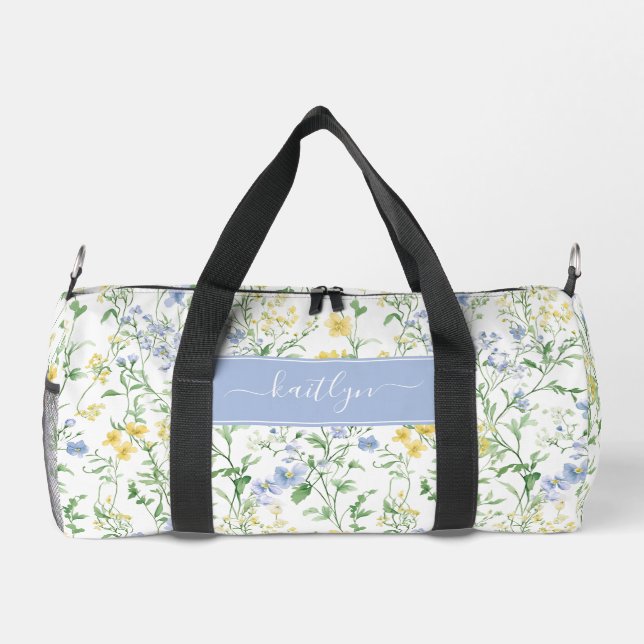 Blaue Aquarell-Wildblumen-Monogramm Duffle Bag (Rückseite)