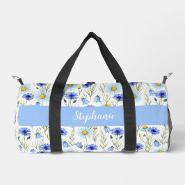 Blaue Aquarell-Wildblumen-Monogramm-Name Duffle Bag