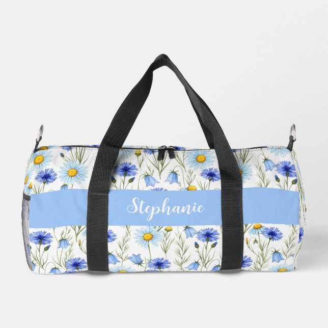 Blaue Aquarell-Wildblumen-Monogramm-Name Duffle Bag (Rückseite)