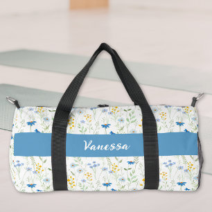 Blaue Aquarell-Wildblumen-Monogramm-Name Duffle Bag