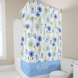 Blaue Aquarell-Wildblumen-Monogramm-Name Duschvorhang
