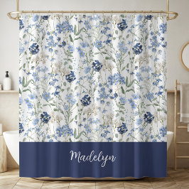 Blaue Aquarell-Wildblumen-Monogramm-Name Duschvorhang