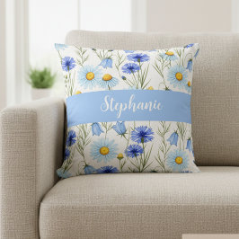 Blaue Aquarell-Wildblumen-Monogramm-Name Kissen
