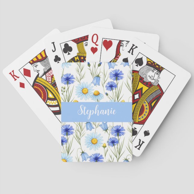 Blaue Aquarell-Wildblumen-Monogramm-Name Spielkarten (Rückseite)
