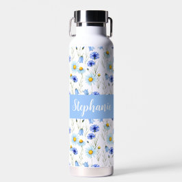 Blaue Aquarell-Wildblumen-Monogramm-Name Trinkflasche