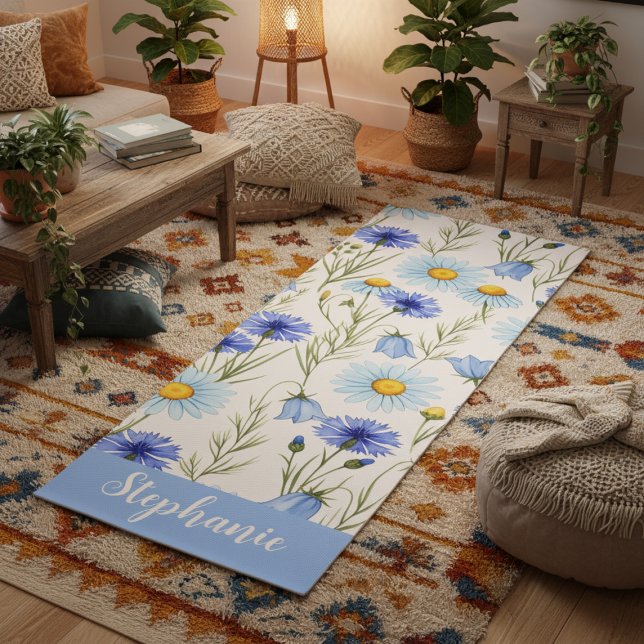 Blaue Aquarell-Wildblumen-Monogramm-Name Yogamatte (Von Creator hochgeladen)