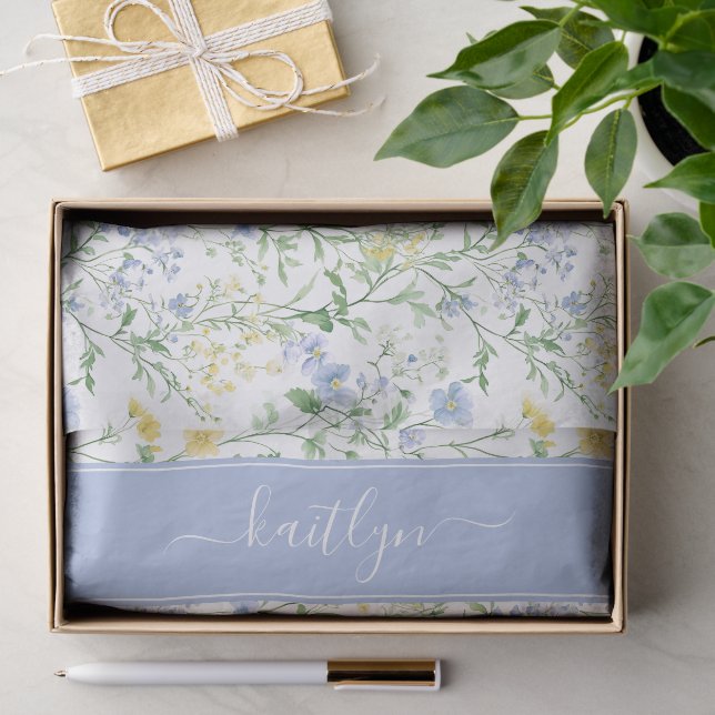 Blaue Aquarell-Wildblumen-Monogramm Seidenpapier (Geschenk)