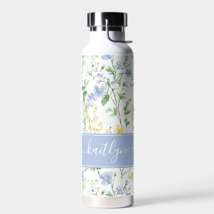 Blaue Aquarell-Wildblumen-Monogramm Trinkflasche