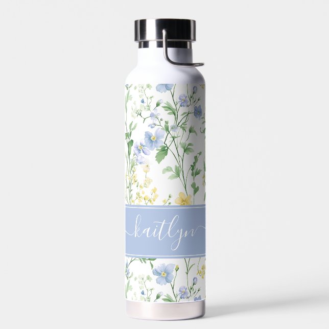 Blaue Aquarell-Wildblumen-Monogramm Trinkflasche (Links)