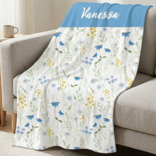 Blaue Aquarell-Wildblumen-Name-Monogramm  Fleecedecke