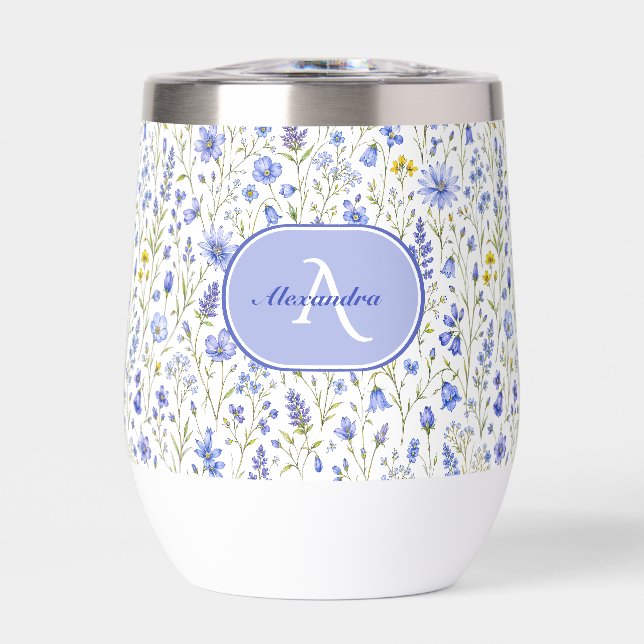 Blaue Aquarell-Wildblumenmuster mit individuellem  (Vorderseite)