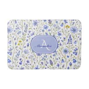 Blaue Aquarell-Wildblumenmuster mit individuellem Badematte